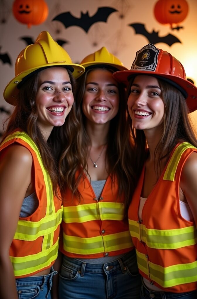 Three friends dressed in firefighter gear with red helmets and reflective stripes for a heroic and strong Halloween look