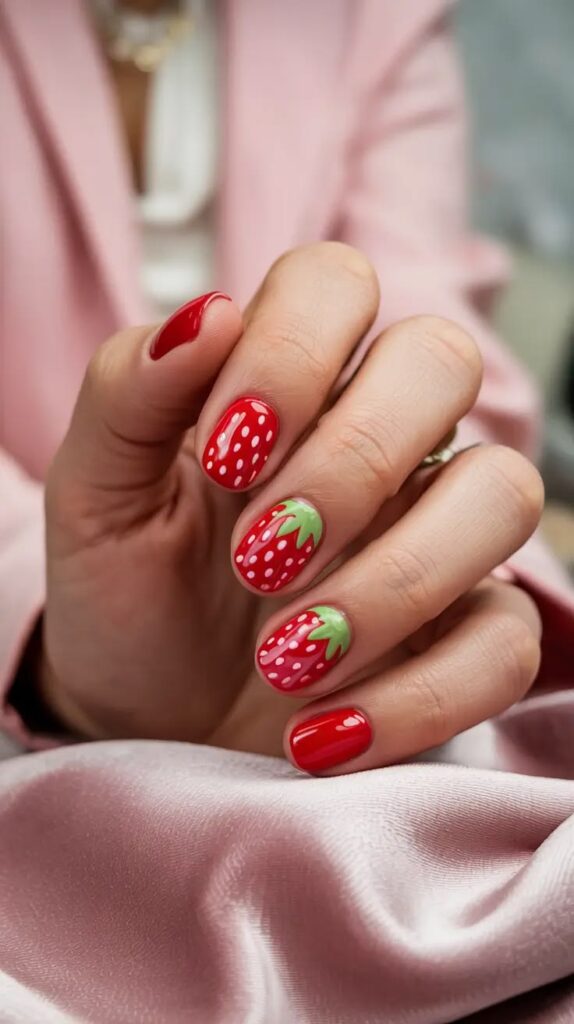 A close-up of short, rounded nails painted with a glossy red strawberry design, complete with small white dots for seeds and green leaves painted near the cuticles.