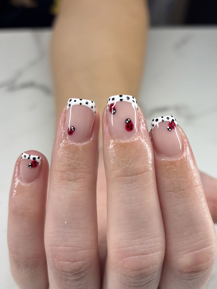 A neat square manicure on short nails featuring white French tips with black polka dots and small red and black ladybugs painted over a sheer base.