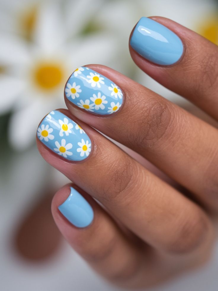 Short, rounded square nails painted in a bright pastel blue, with two accent nails covered in a repeated white and yellow daisy floral pattern.