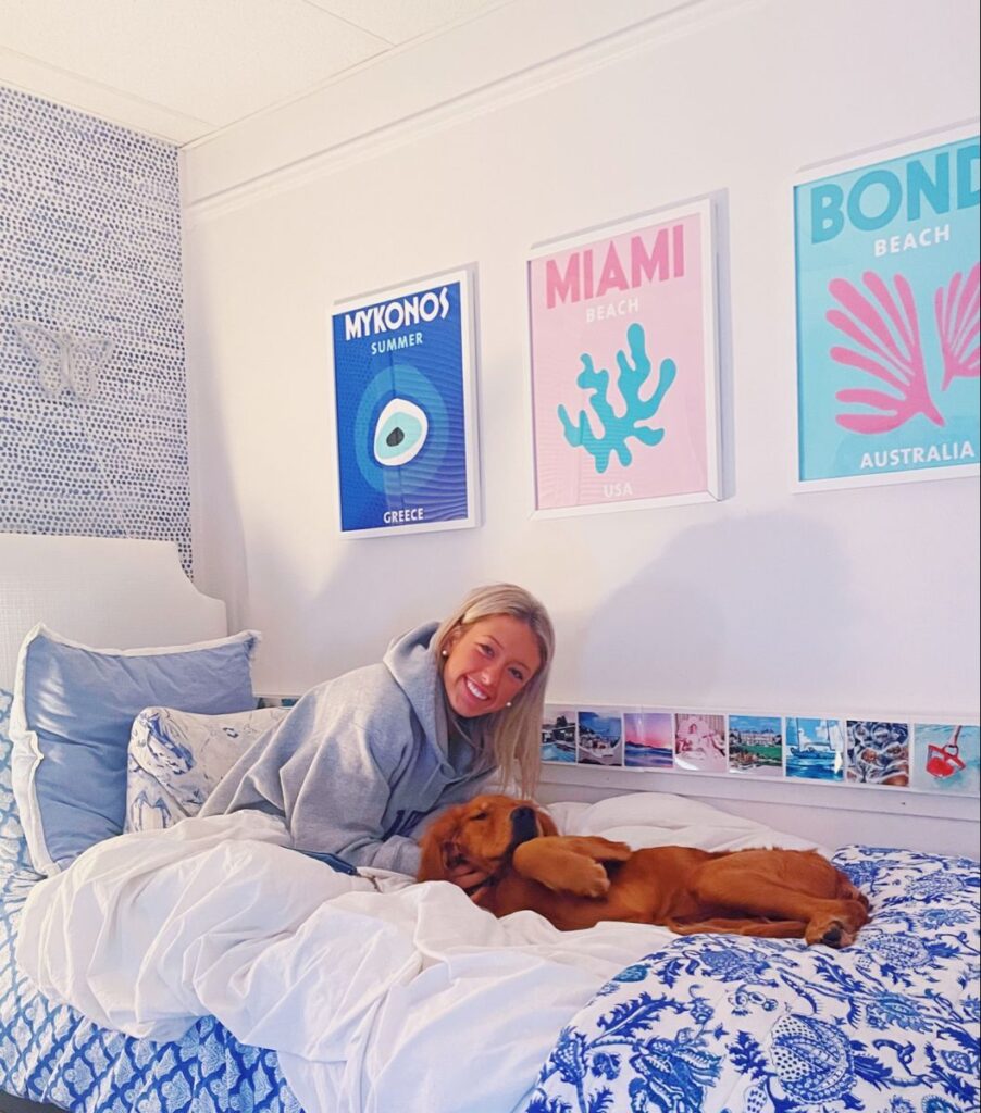 A bright dorm bed featuring white ruffled bedding, a light blue textured throw blanket, and blue-and-white floral pillows, alongside a white five-drawer nightstand topped with a small lamp and pink roses.