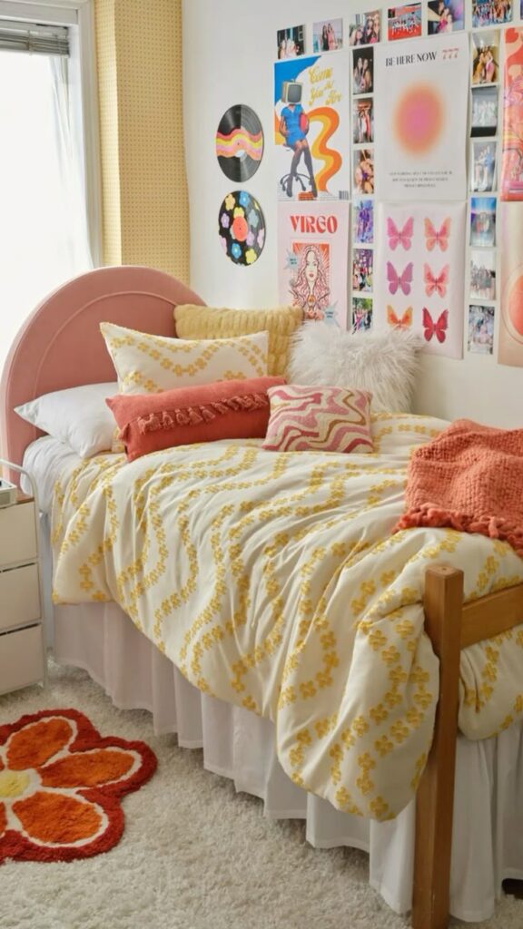A retro-style dorm room featuring a bed with a yellow and white patterned duvet, terracotta accent pillows, and a pink curved headboard, with a wall decorated with vinyl records and colorful vintage posters.
