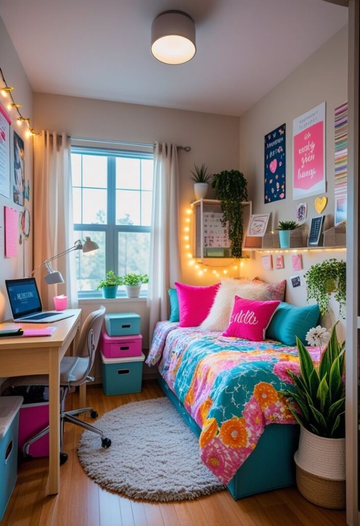 A small, vibrant dorm room featuring a bed with a colorful floral duvet, bright pink pillows, a light wood desk with a laptop, and walls decorated with posters, fairy lights, and hanging plants.