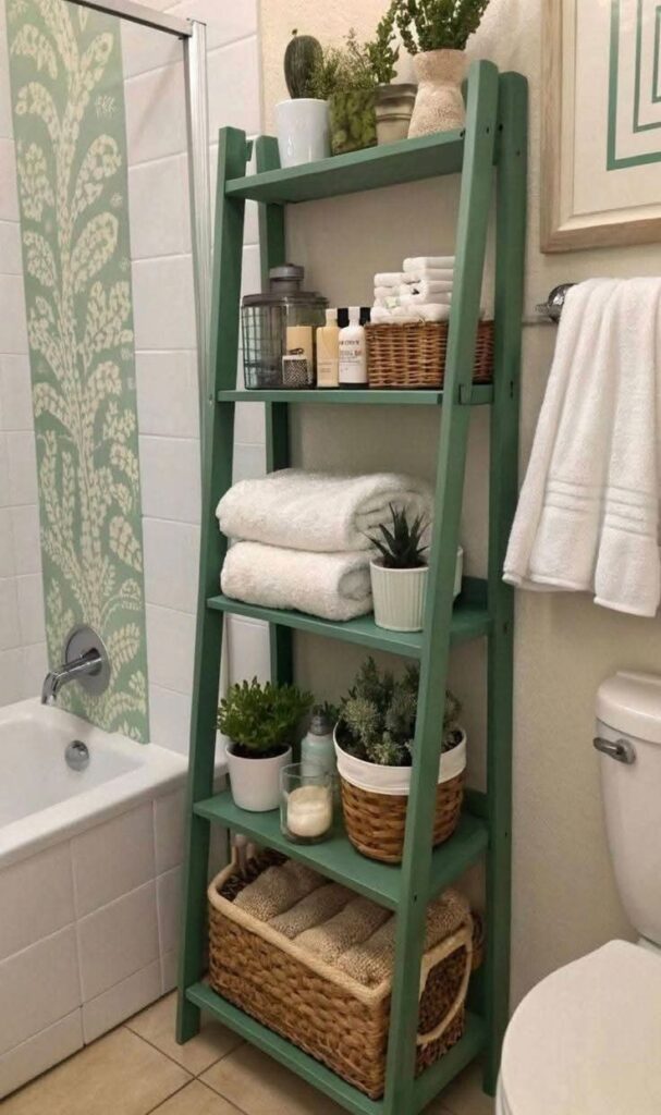 A sage green leaning ladder shelf stands between a white bathtub and a toilet, holding several white towels, small potted plants, and a large wicker basket at the base.