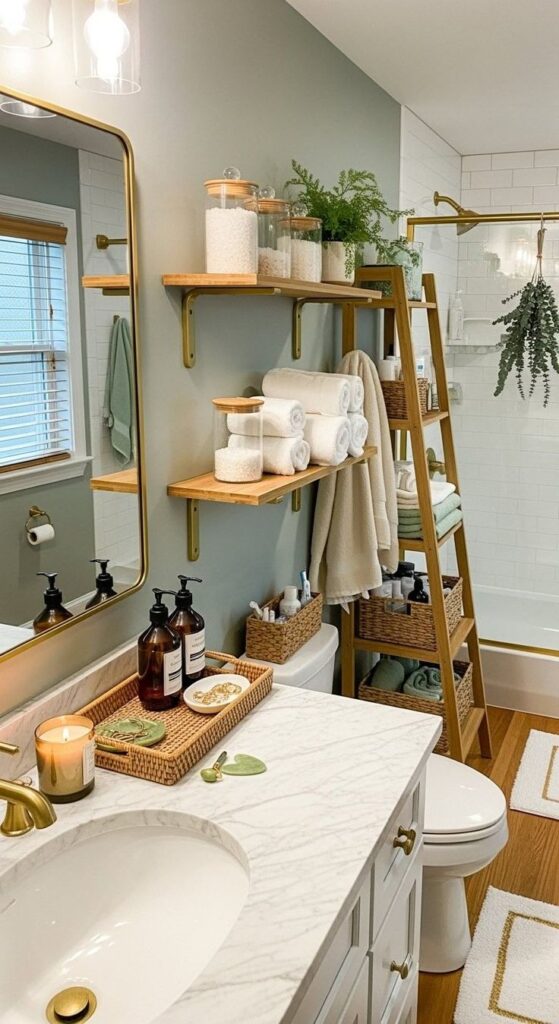 A modern bathroom with a marble vanity and gold fixtures features two light wood floating shelves mounted on a sage green wall. The shelves display glass jars with white cotton balls and rolled white hand towels. To the right, a wooden leaning ladder serves as a towel rack, holding several folded towels and woven baskets.