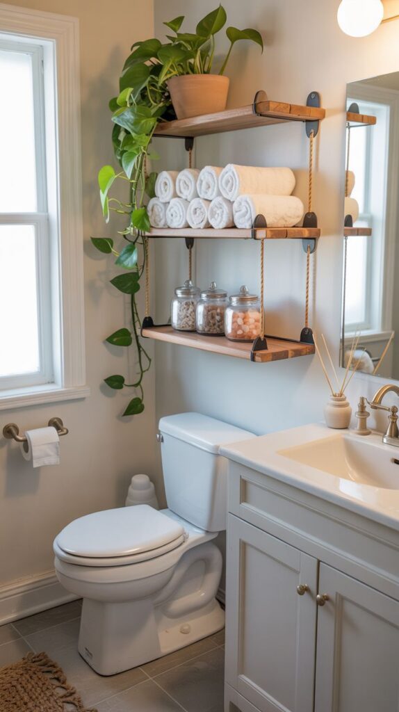 Two wooden shelves suspended by dark metal pipes are mounted above a white toilet, holding a row of rolled white towels and three glass jars.
