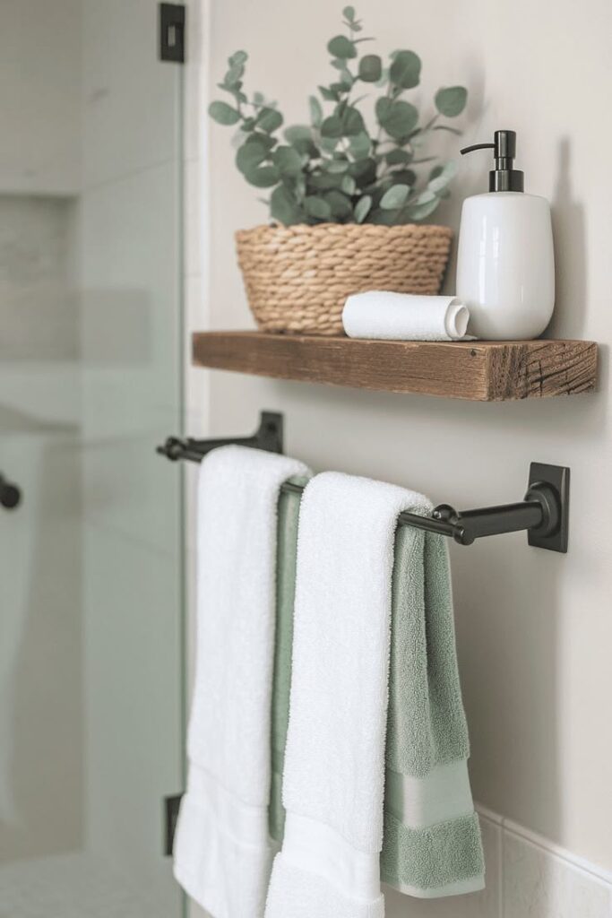 A single rustic wood floating shelf is mounted above a dark metal towel bar holding two hanging towels, one white and one sage green.
