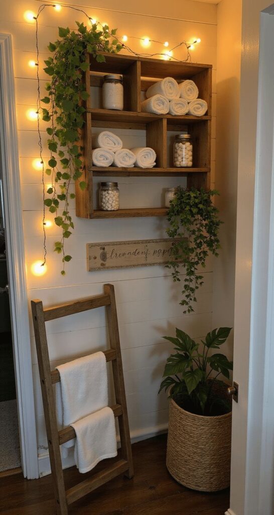 A wooden wall-mounted cubby unit holds rolled white towels and glass jars, decorated with trailing greenery and string lights. Below, a small wooden ladder leaning against a white shiplap wall holds two folded white towels.