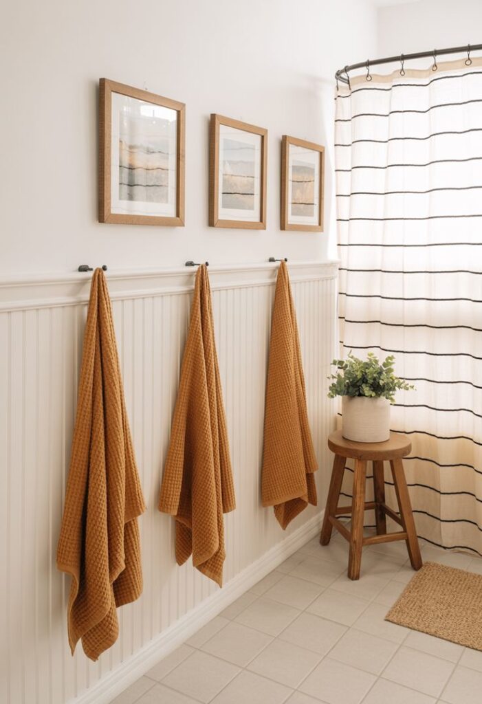 Three matching golden-brown waffle-weave towels hang from a row of hooks mounted on a white wainscoting wall, with three framed prints hanging above them.