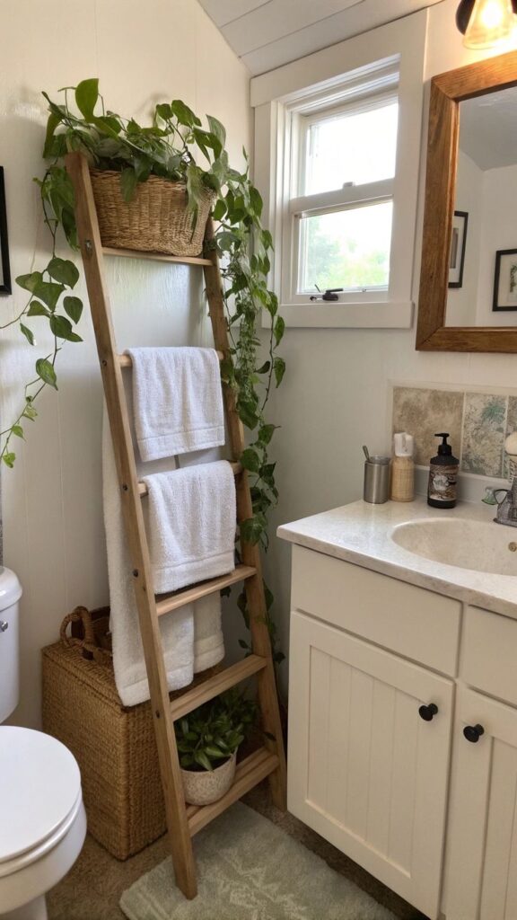 A wooden ladder shelf leans against a bathroom wall next to a white vanity, holding three folded white towels, with a large basket and a potted plant placed at the base.