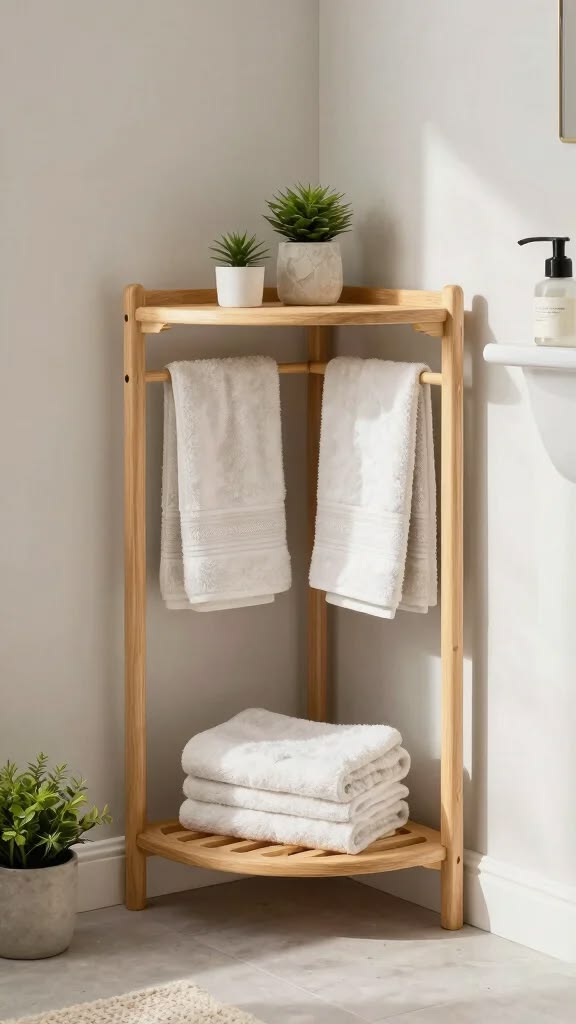 A two-tiered bamboo corner shelf unit stands in a bathroom corner, holding folded white towels on the bottom tier and small potted plants on the top tier.