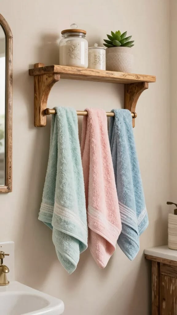 A wooden wall shelf with a built-in towel rod is mounted above a bathroom vanity, holding a glass jar and a small succulent on the shelf, with three colorful hand towels hanging from the rod.