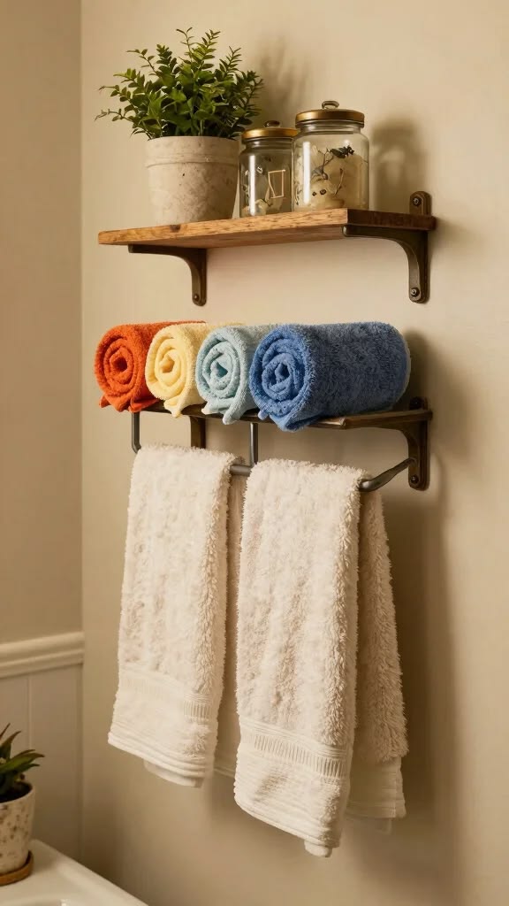 Two wooden shelves with metal brackets are mounted on a wall; the top shelf holds a potted plant and two glass jars, while the bottom shelf displays four rolled colorful towels and supports two hanging bath towels.