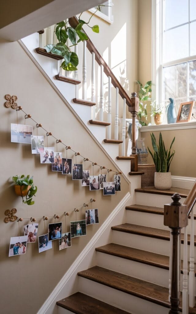 A staircase wall decorated with a photo string display featuring several hanging photographs and a small potted plant, arranged diagonally along the wall.