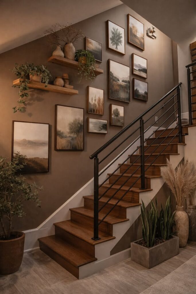 A staircase wall styled with a gallery wall arrangement consisting of various framed landscape prints and wooden floating shelves holding small plants.