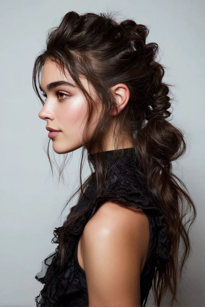 A profile view of a woman with dark brown hair styled in a voluminous, textured goth prom hairstyle featuring a messy braid up do and loose, face-framing strands.