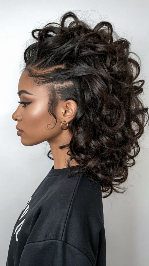 A woman with dark, bouncy curls in an alt prom hairstyle up do with detailed edge styling.