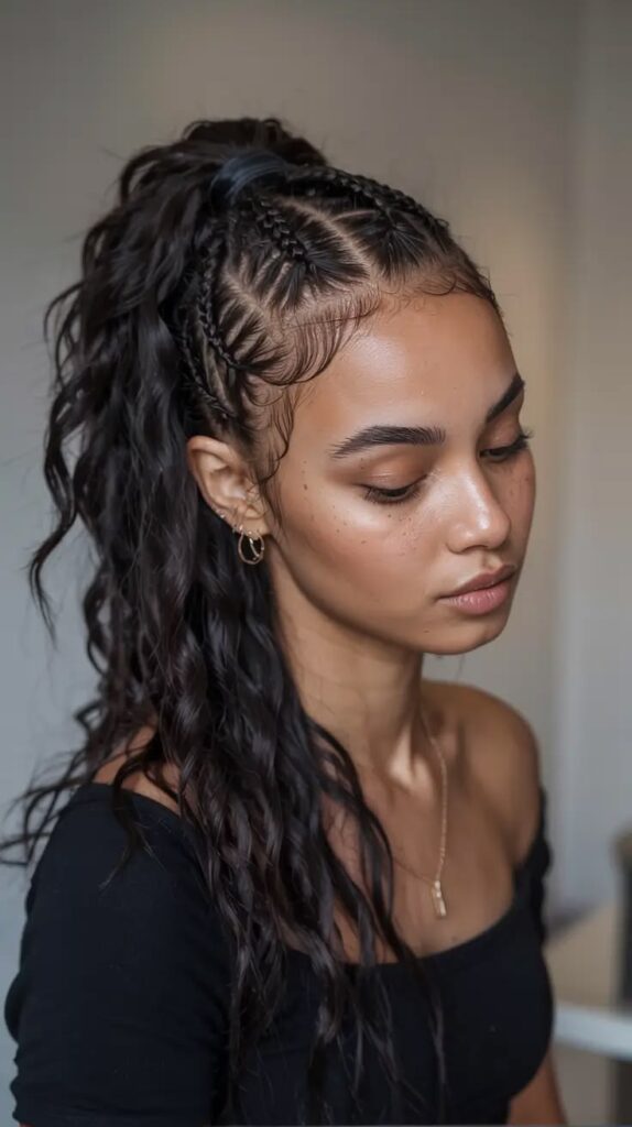 A woman with long, dark curly hair in a grunge prom hairstyle featuring several small braids leading into a high half up ponytail.
