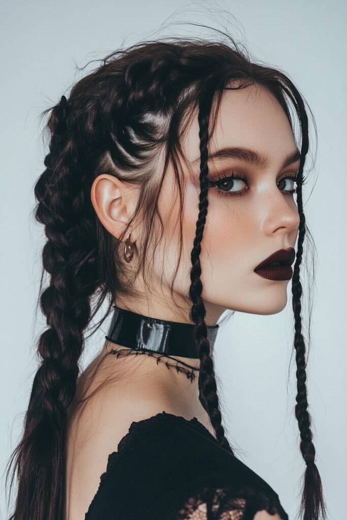 Side profile of a woman with dark brown hair in a braided crown, with thin micro-braids framing her face, wearing a black choker and dramatic dark lipstick, showcasing a goth prom hair crown braid.