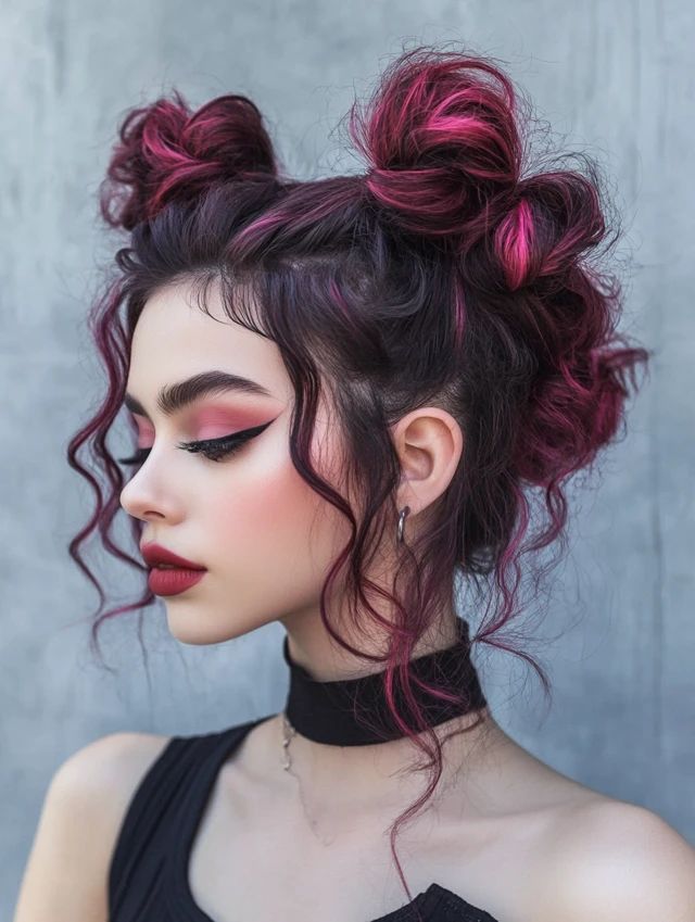 Woman with deep pink and black hair in messy space buns with loose curly strands, wearing dark makeup and a choker, posing against a concrete wall, exemplifying whimsigoth prom hair.