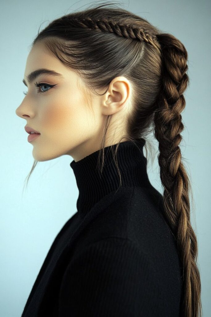 Side profile of a woman with dark hair featuring tight crown braids leading into a sleek, long braided ponytail, representing a goth prom hair up do.