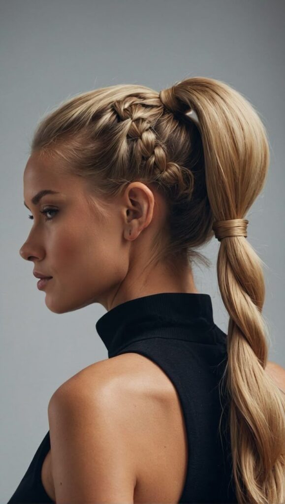 Profile of a blonde woman with a high, voluminous ponytail featuring crown braids and gold cuff accents, representing an alternative prom hairstyle.