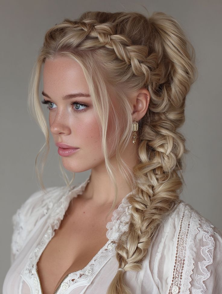 A profile view of a whimsical grunge prom hair look featuring a thick, loose blonde braid and a textured half up style