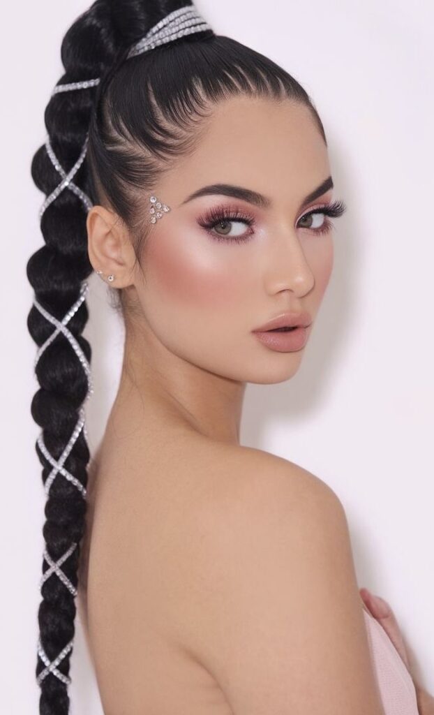 Profile of a woman with dark hair in a high bubble ponytail wrapped with crisscrossing rhinestone bands, exemplifying a goth prom hair up do.