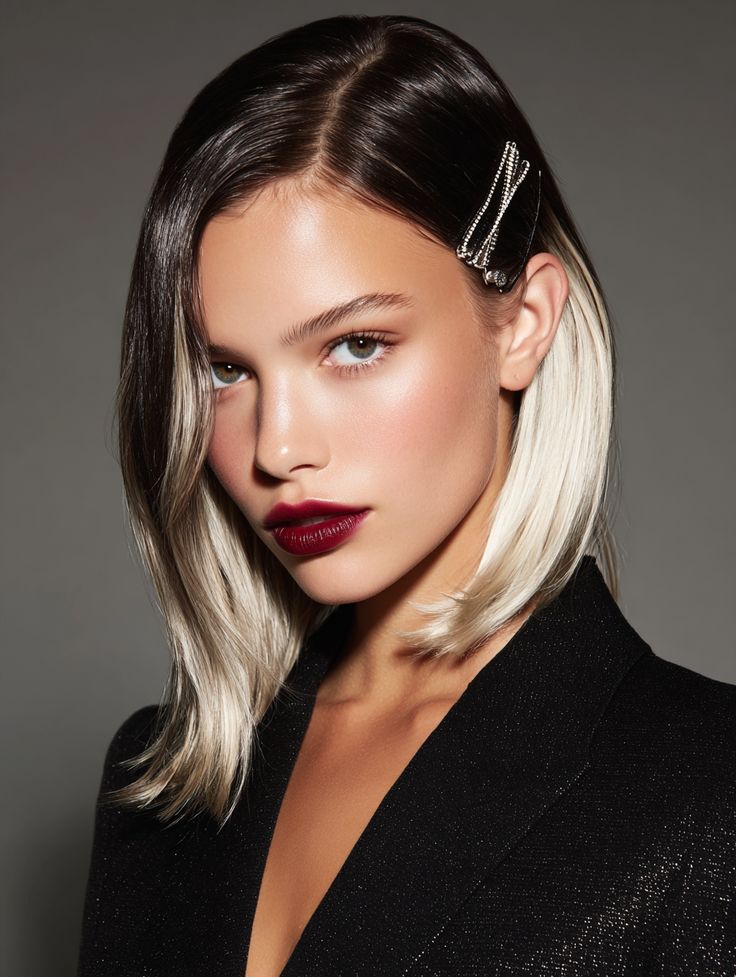 A woman with a two-toned grunge prom hairstyle featuring dark top layers and platinum blonde underneath with a silver clip.