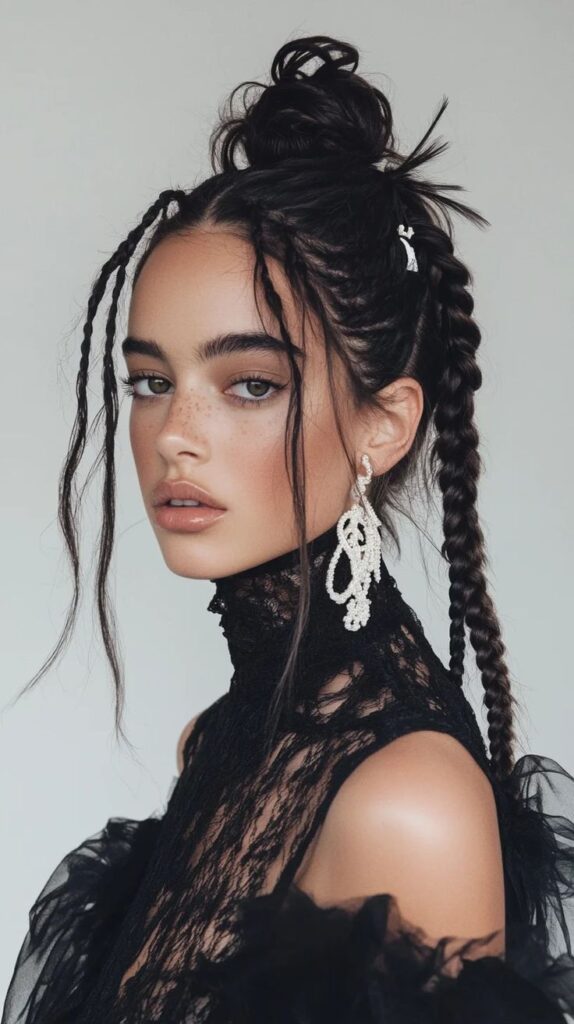 A woman with freckles wearing a black lace top and large silver earrings with a goth prom hairstyle featuring a braided up do and loose strands.