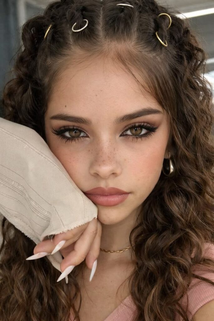 A close-up of a girl with curly hair wearing an alt prom hairstyle featuring gold and silver rings in her braids.