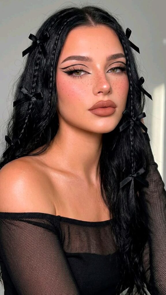 A woman with a goth prom hairstyle featuring long black hair, accent braids, numerous small black bows, and freckles.