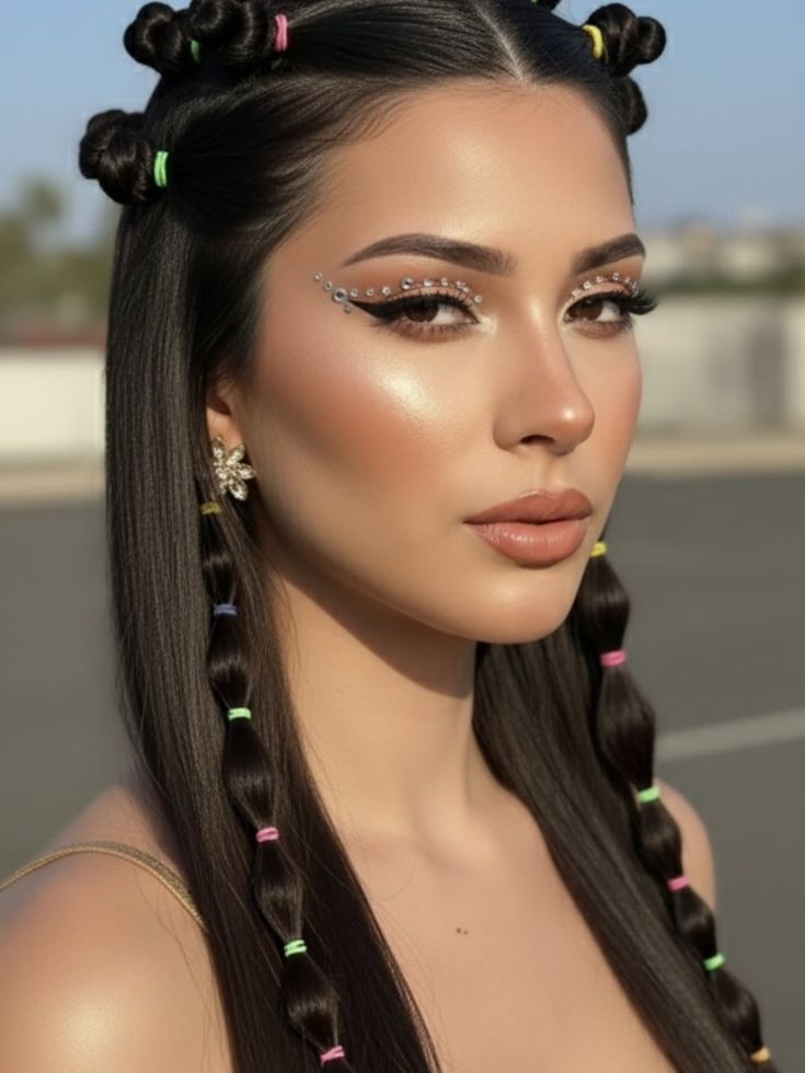 A woman with a Y2K prom hairstyle featuring mini top buns and long bubble pigtails with neon green and pink elastics.