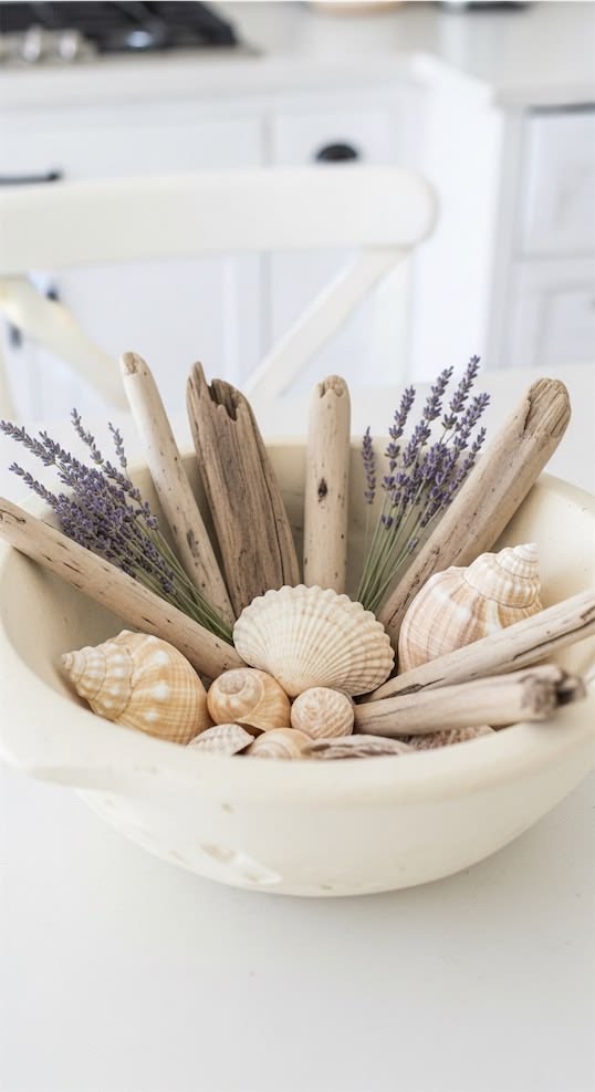 A white ceramic bowl filled with weathered driftwood pieces standing upright, mixed with various tan seashells and stems of dried purple lavender. This summer dough bowl decor provides a clean, airy aesthetic perfect for a seaside-inspired home.