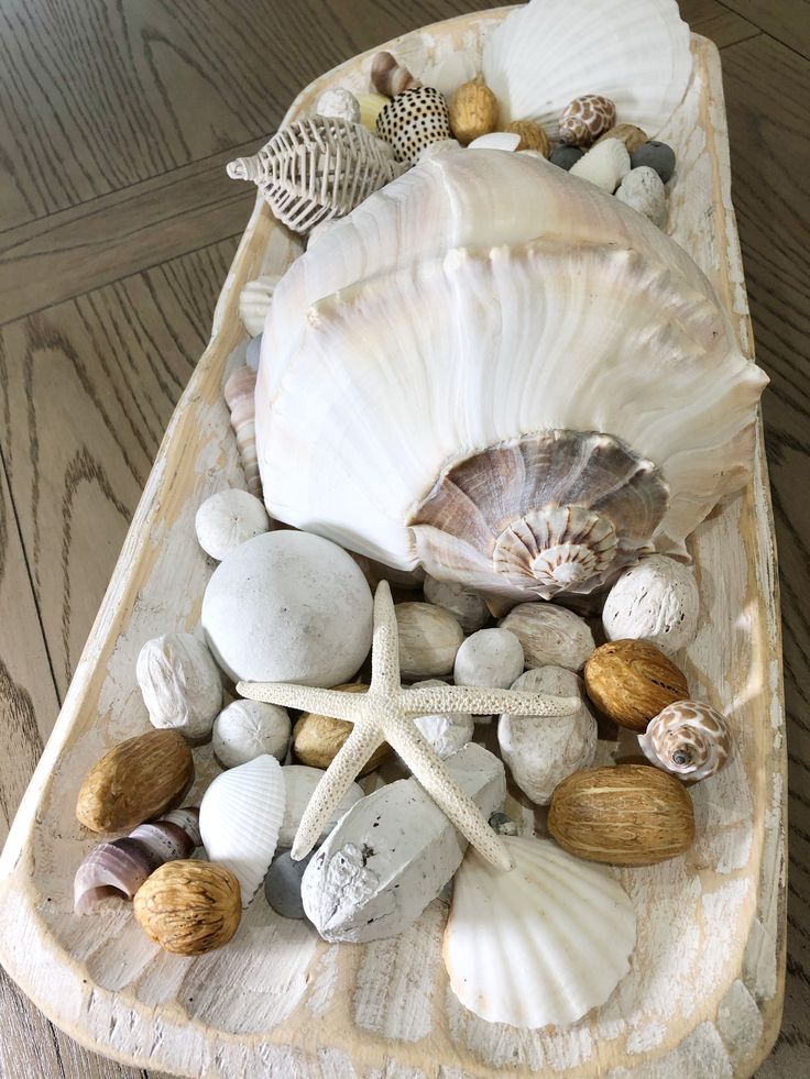 A long, whitewashed wooden bowl is filled with various natural seashells, a central large shell, a starfish, and smooth white stones, sitting on a weathered wooden plank table.