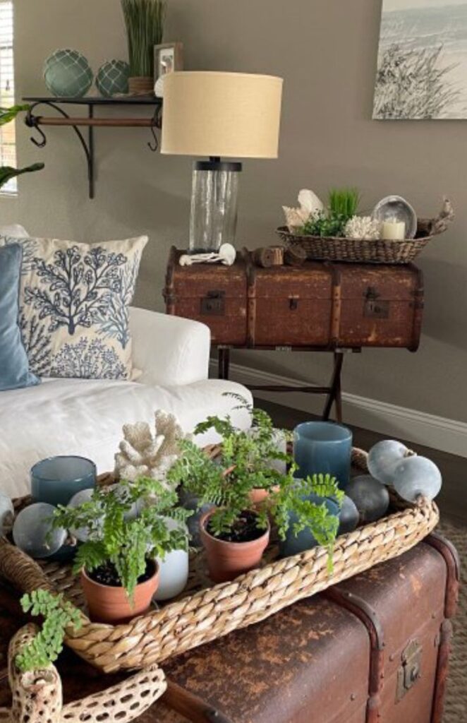 An overhead view of a large round woven tray holding multiple small terracotta potted ferns, several opaque and translucent blue glass votive holders, two light blue decorative orbs, and a white coral piece, sitting on a vintage brown leather trunk.