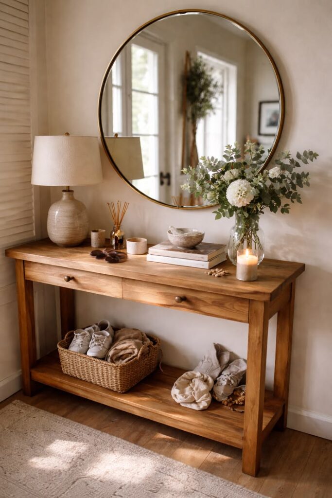 A wooden console table featuring a round gold-rimmed mirror, a ceramic lamp, white hydrangeas in a glass vase, and a wicker basket for shoes underneath.