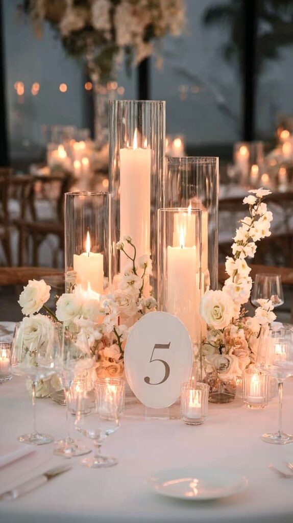 A modern wedding centerpiece featuring a cluster of white roses and delphinium surrounding tall pillar candles in fluted glass cylinders on a white tablescape.