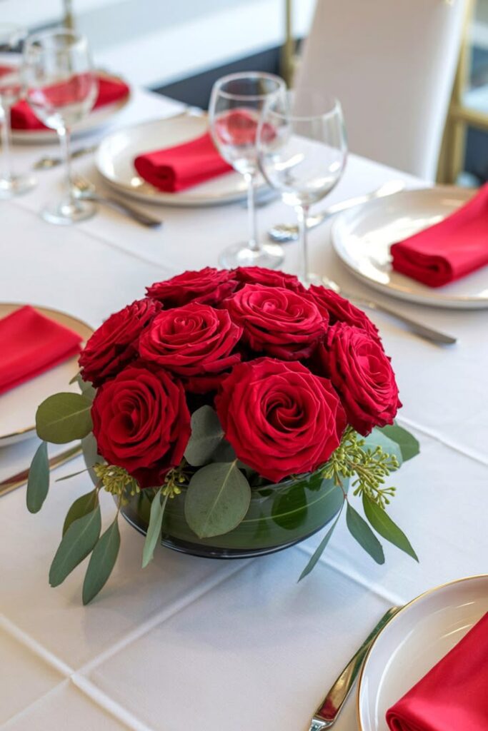 A winter wedding centerpiece featuring red roses, pine needles, and berries in a glass vase wrapped with a decorative green leaf on a dark wood tablescape.