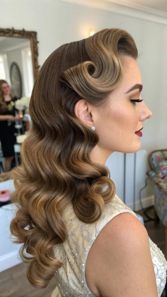 Side profile of a woman with golden-brown hair styled in classic Hollywood waves with a prominent curled fringe. She is wearing a shimmering sleeveless gown.