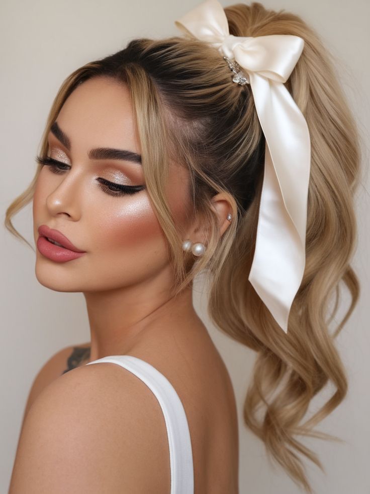 A woman with blonde hair in a high, curled ponytail tied with a large white satin bow. She has shimmering eye makeup and is wearing pearl earrings.