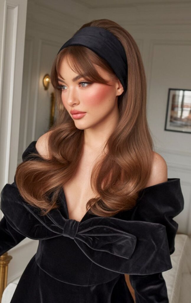 A woman with long, voluminous chestnut-brown hair styled in soft waves. She wears a thick black velvet headband and a black off-the-shoulder dress with a large bow detail.