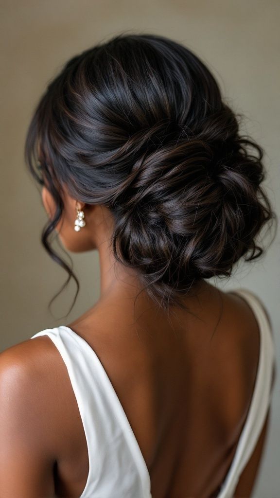 A woman from the back showing an intricate updo with a high bun and a unique vertical twisted detail running up the center of the head. She is wearing black fringe earrings.