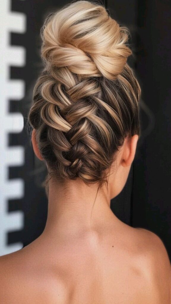 Back view of a woman with blonde and brown highlighted hair styled in a thick French braid that ends in a large, soft bun at the top of the head.