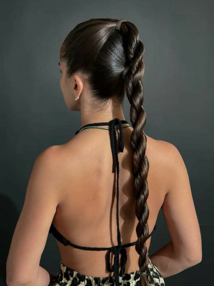 A back view of a person with dark, glossy hair styled in a high ponytail that has been twisted into a thick, uniform rope braid.