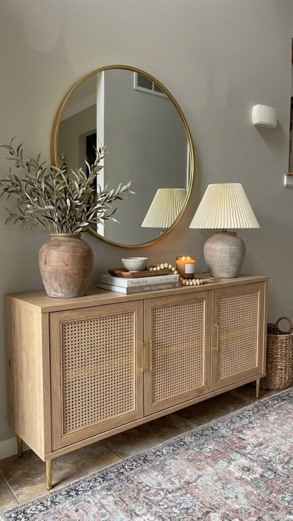 A light wood sideboard with three cane-front doors, topped with a large clay vase of olive stems, a round mirror, and a cream pleated lamp.