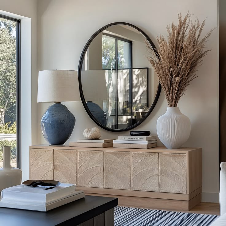 A long light-wood credenza with textured door patterns, featuring a large round black-framed mirror, a blue ceramic lamp, and a white vase with tall dried grass.
