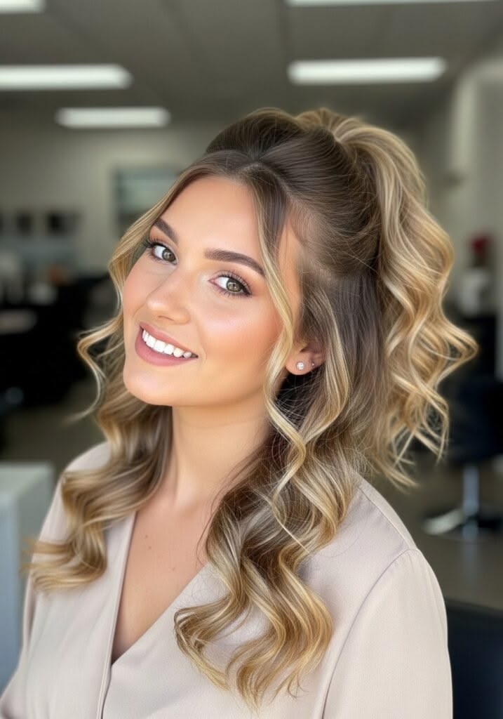 A front-angled view of a smiling woman with wavy blonde hair styled in a high half-up ponytail with loose, face-framing ringlets.