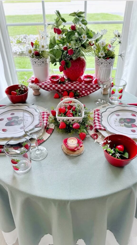 A round table with a sage green tablecloth set for two, featuring strawberry-themed plates, red bowls, glassware with berry prints, and a central white basket filled with strawberries and greenery.