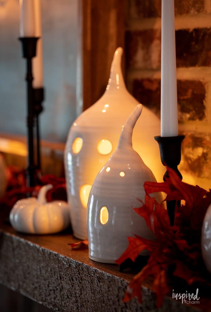 Ceramic ghost tealight lanterns fall decor idea for a Halloween mantel display
